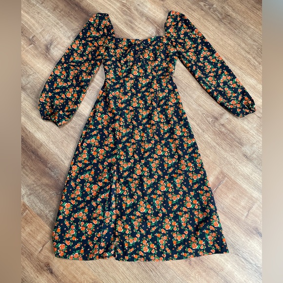 Missguided Milkmaid Dark Floral Dress Size 4 Sweetheart Neckline Slit Puffy - Picture 12 of 12